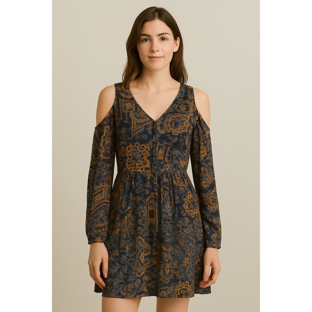 Wild Pearl Cold Shoulder Dress Orange Blue Bohemian Print Tunic Size S